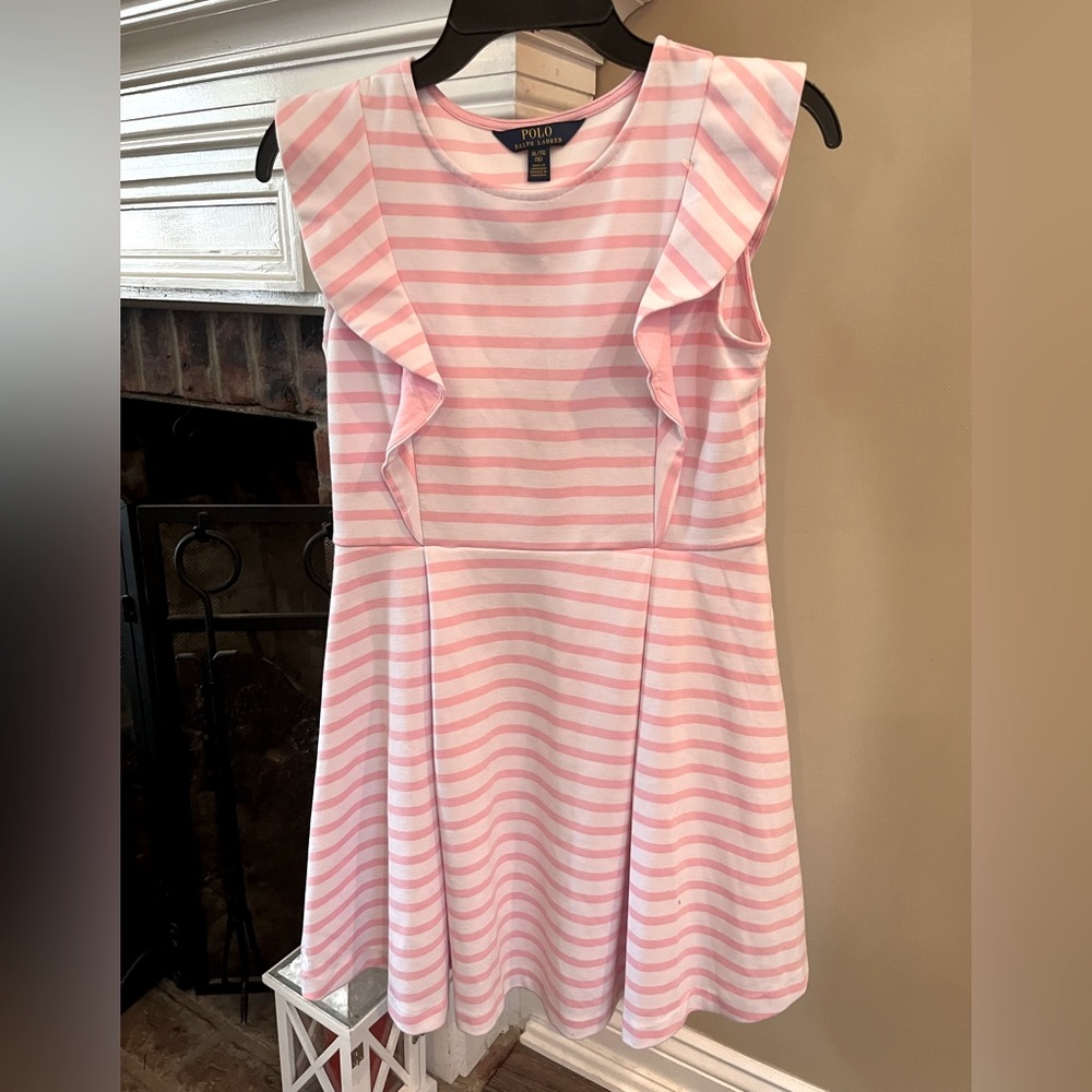 Polo Ralph Lauren girls White/Pink Striped Sleeveless Dress  ruffle top 16/xl